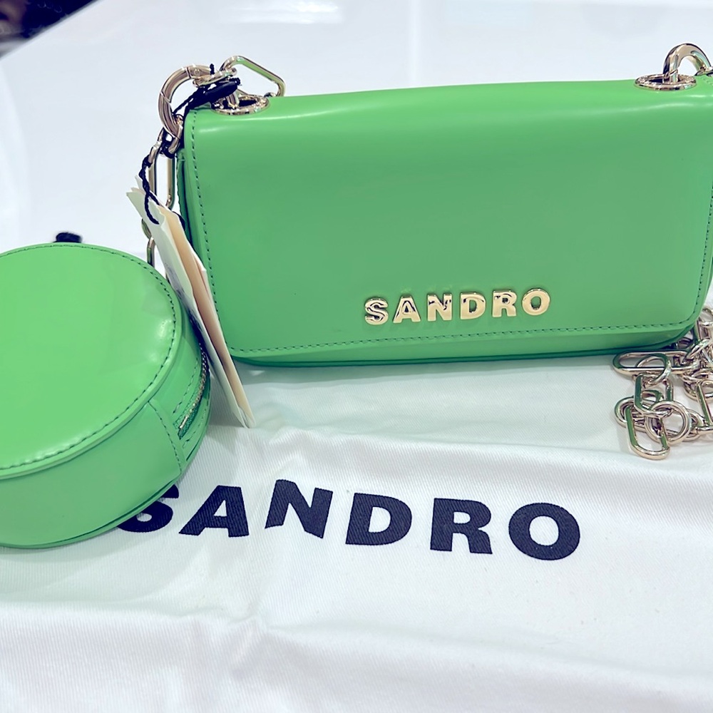 NWT $360 SANDRO totemo shoulder bag LIME GREEN with gold chain +zip coin purse - Picture 2 of 13